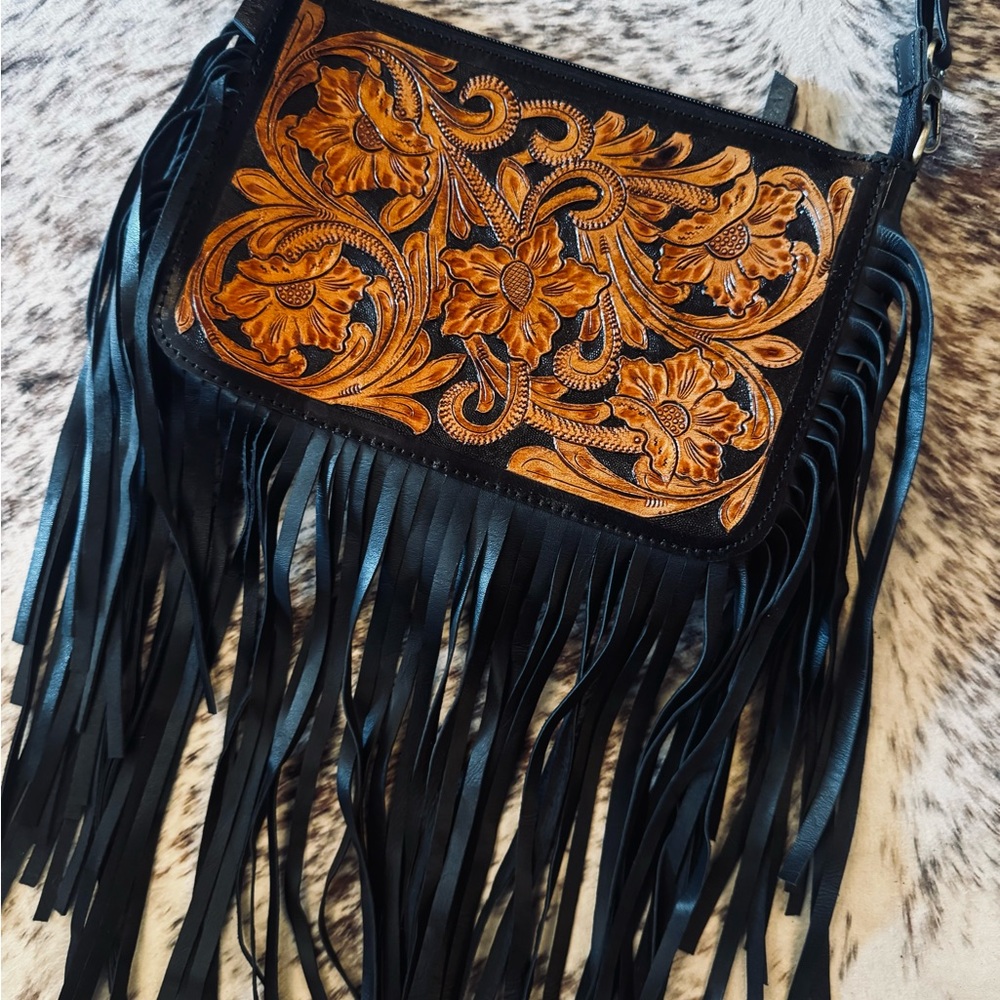Black and Brown Floral Fringe Bag